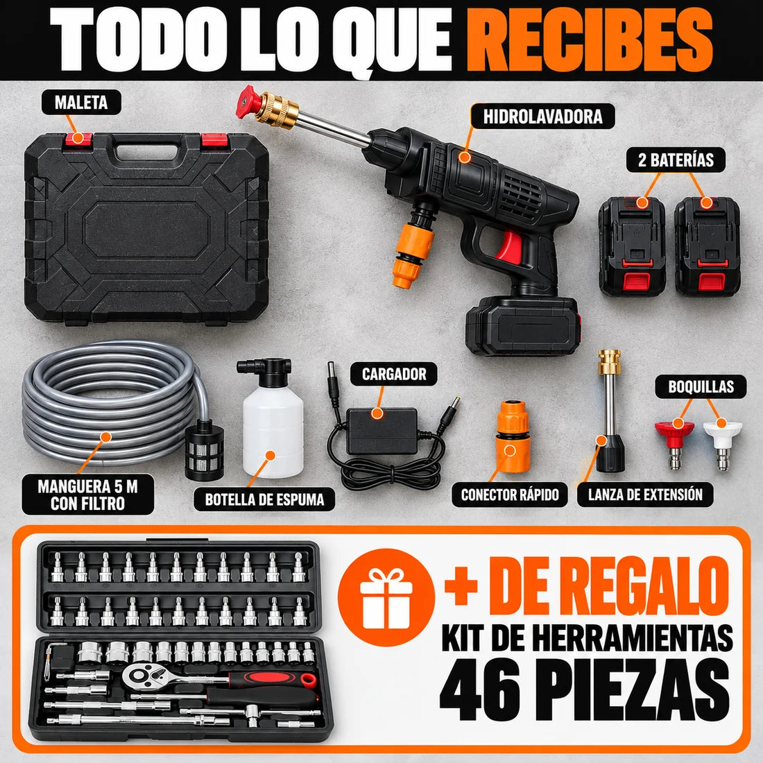 Hidrolavadora Inalámbrica con 2 Baterías + Kit de Herramientas Gratis